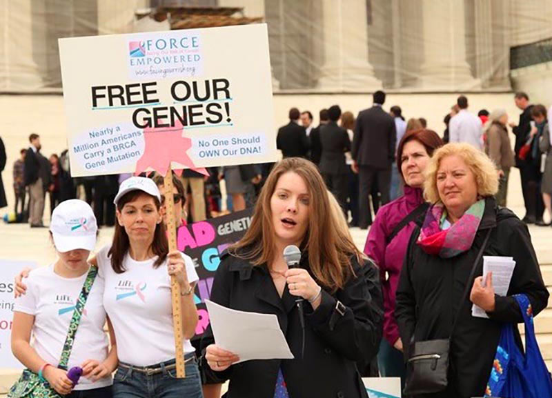 Demonstrators on the steps of the Supreme Court on the morning of oral arguments in Association for Molecular Pathology v. Myriad Genetics (Apr. 15, 2013)